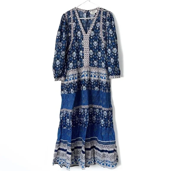 SEA NEW YORK Brigitte Border Puff Sleeve Print Dress in Navy Sz L - Picture 3 of 9